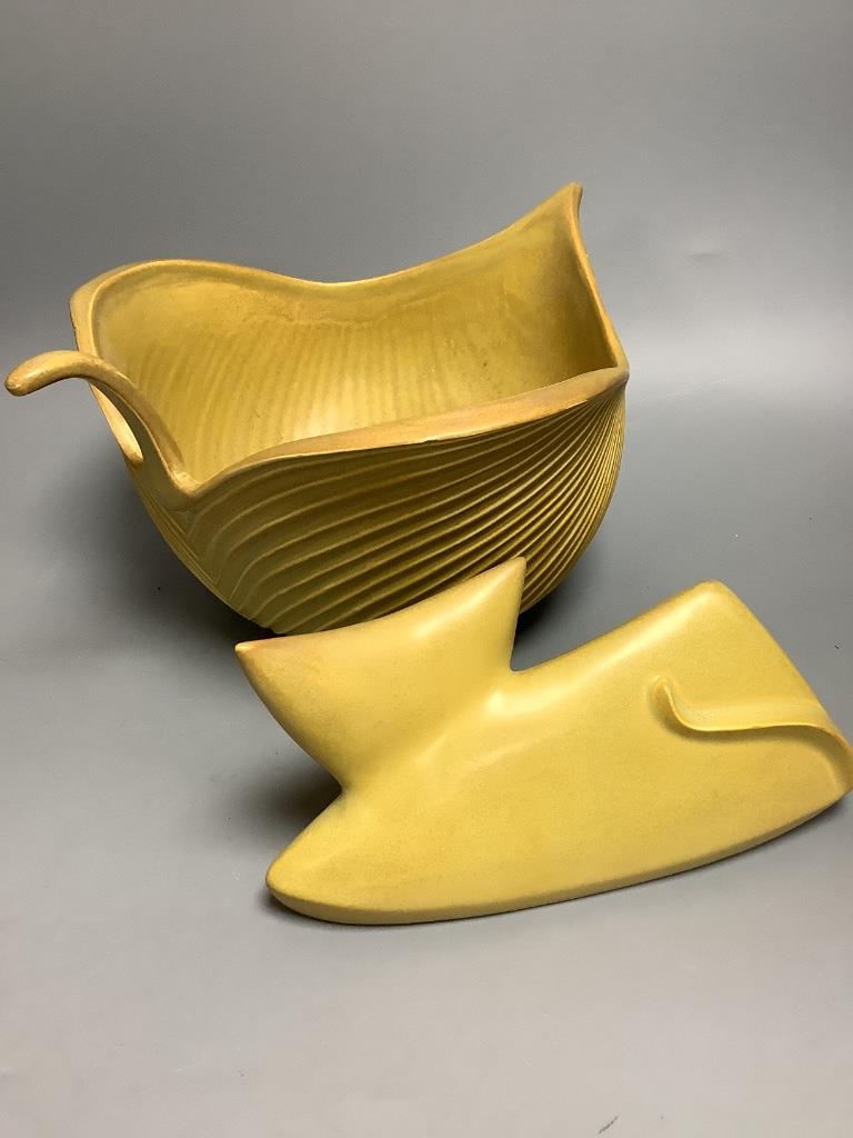 A Jonathan Adler large leaf-shaped pottery bowl and a figure of a cat